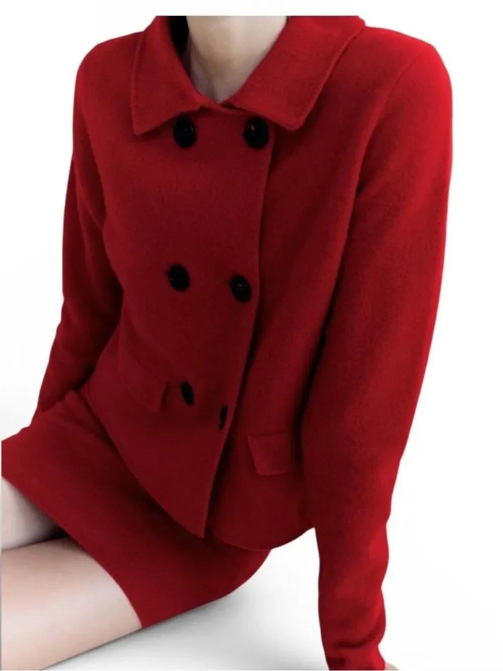 Zara Red Merino Wool Skirt Suit Set – NWT – Size Small – Double-Breasted Jacket
